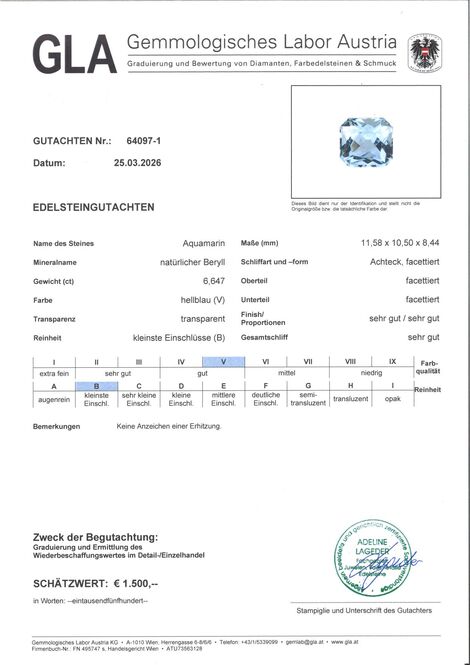 Gutachten zu Aquamarine octagon light blue untreated 6.64 ct