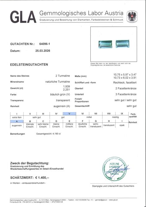 Gutachten zu Turmalin Duo Baguette bläulich-grün 4,19 ct.