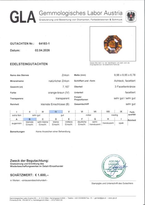 Gutachten zu Zirkon design-octagon dunkelorange 7,16 ct