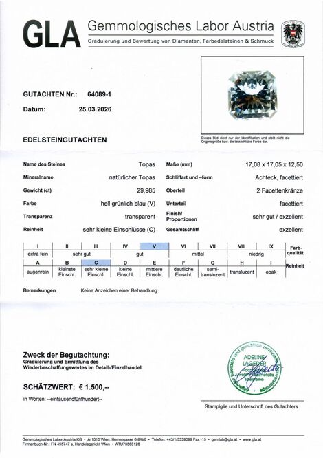 Gutachten zu Topaz Design-Achteck light blue untreated 29.98 ct.