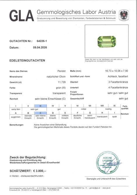 Gutachten zu Peridot octagon intensives Hellgrün unbehandelt 11,72 ct.