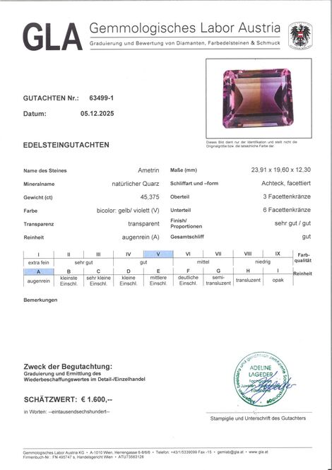 Gutachten zu Ametrine octagon violett+gelb 45.37 ct.