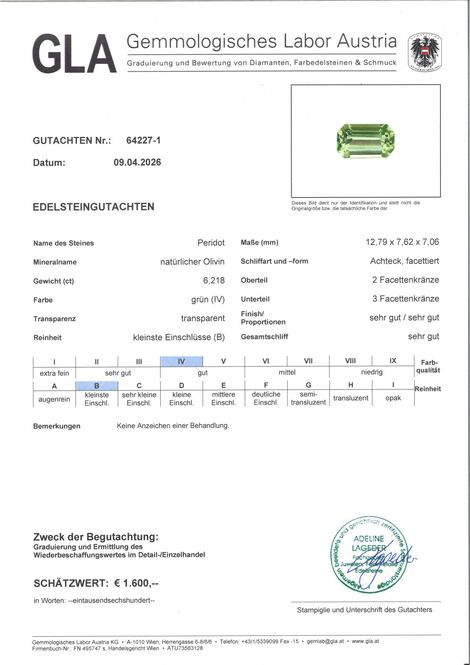 Gutachten zu Peridot octagon intensives Hellgrün 6,21 ct.