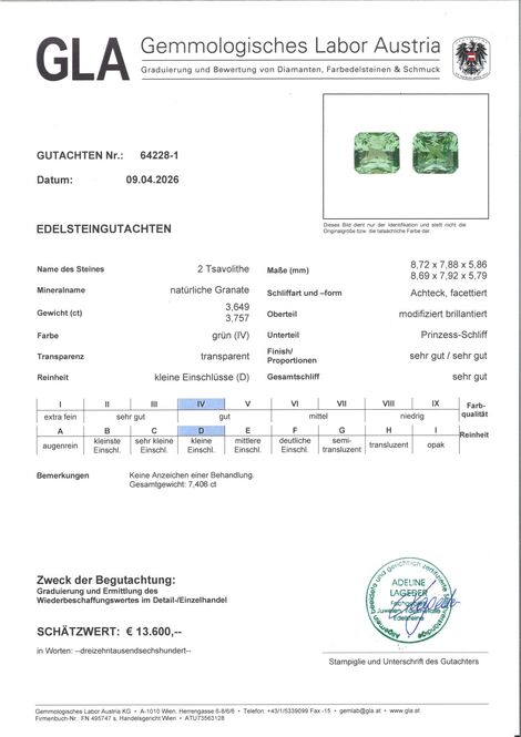 Gutachten zu Tsavorit Duo Granate octagon-princess grün 7,40 ct.