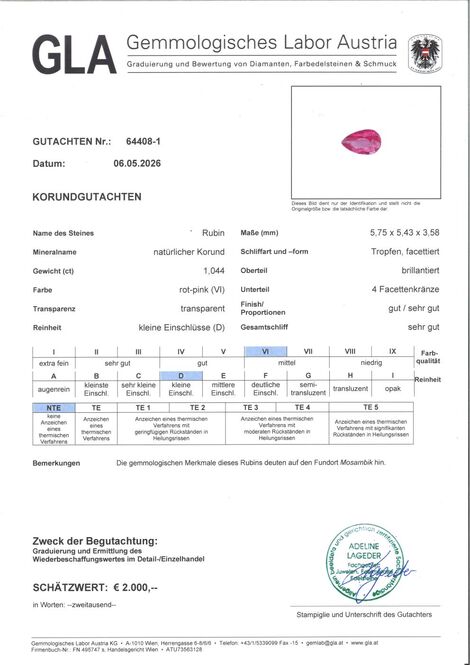 Gutachten zu Rubin Tropfen pink-rot unbehandelt 1,04 ct.