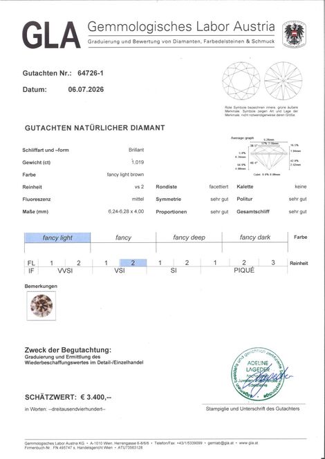 Gutachten zu fancy diamond round brilliant champagne  vs 1.01 ct.