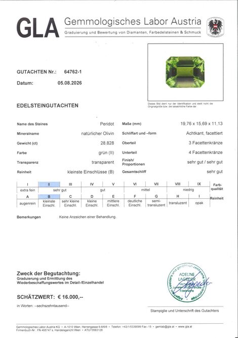 Gutachten zu Peridot octagon intensives Grün unbehandelt 28,828ct
