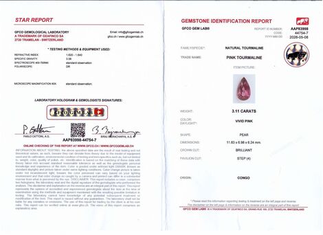 Gutachten zu Rubellite Tourmaline pear pinkish red 3.11 ct.