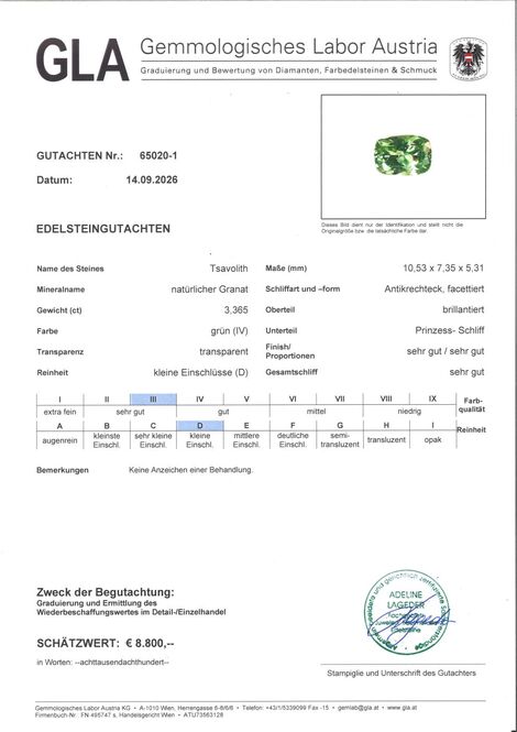 Gutachten zu Tsavorit Granat antik grasgrün 3,36 ct.