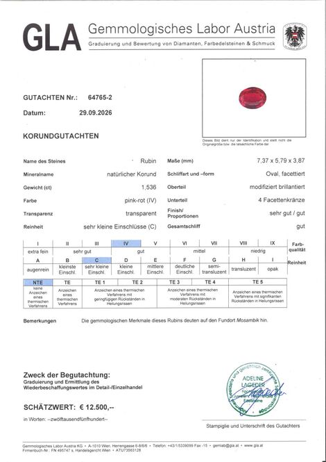 Gutachten zu Rubin oval pink-rot unbehandelt 1,536 ct