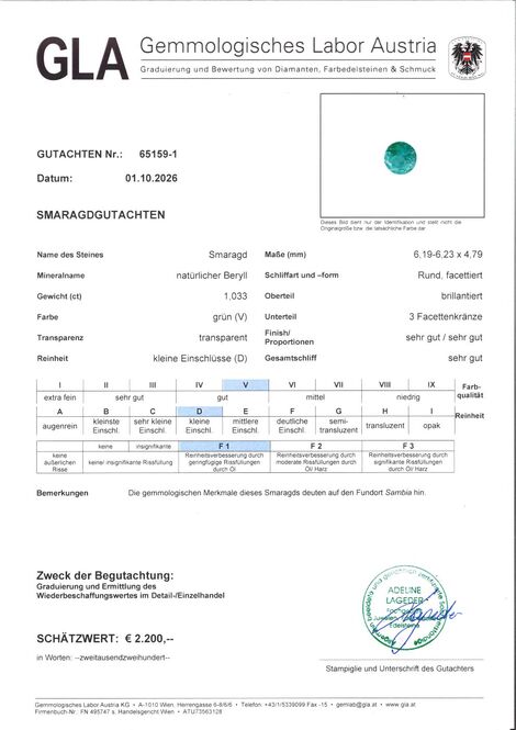 Gutachten zu Smaragd Beryll rund grün 1,03 ct.