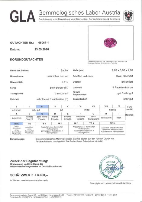 Gutachten zu Saphir oval pink-purpur unbehandelt2,51 ct.