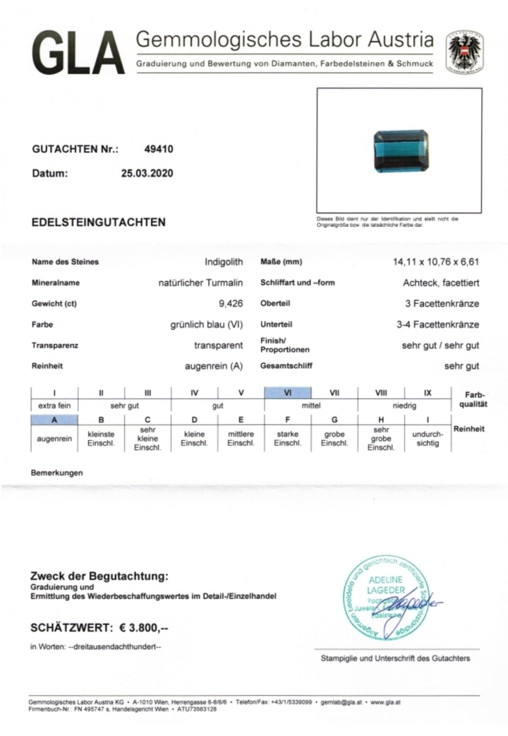 Gutachten zu Indigolith Turmalin octagon grünlich blau 9,42 ct