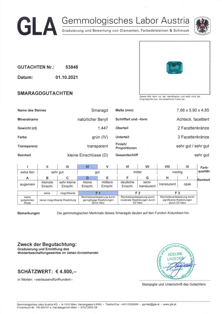 Gutachten zu Smaragd octagon grün 1,44 ct