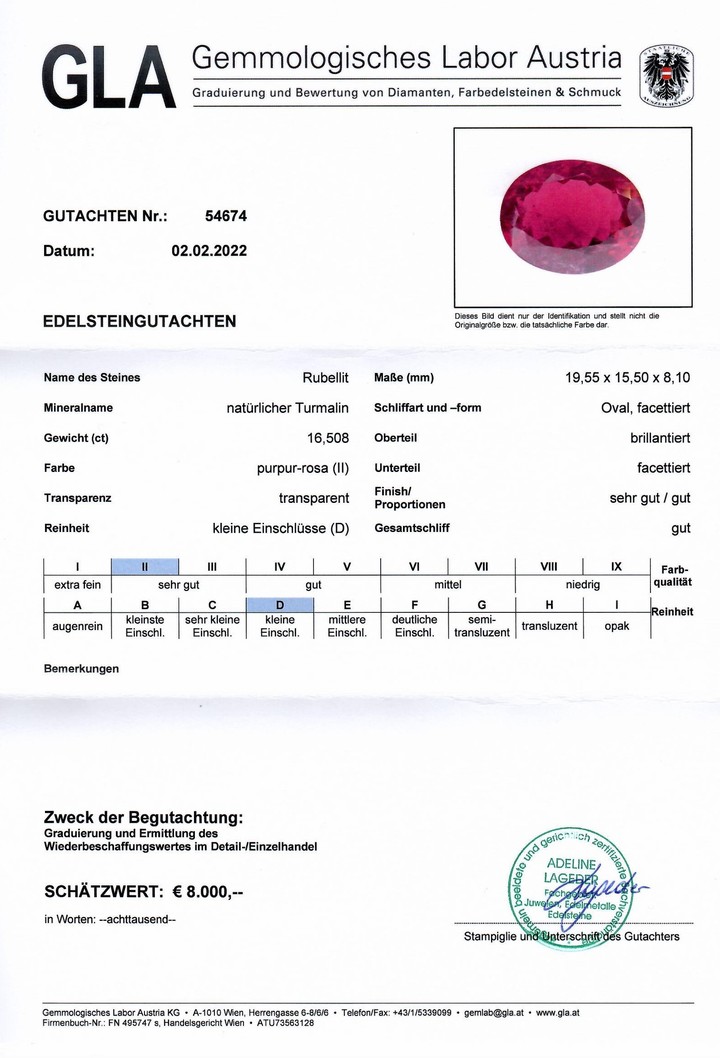 Gutachten zu Rubellit Turmalin oval purpur-rot 16,50 ct