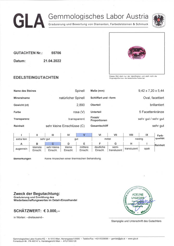 Gutachten zu Spinel oval vivid pink untreated 2.89 ct