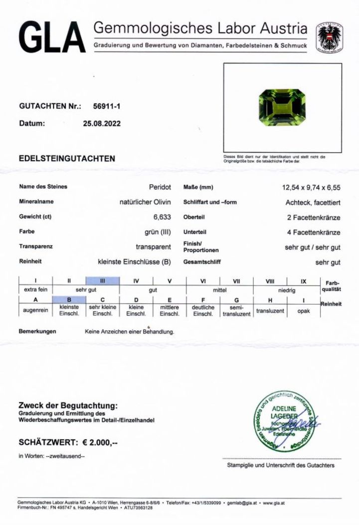 Gutachten zu Peridot octagon grün unbehandelt 6,63 ct.