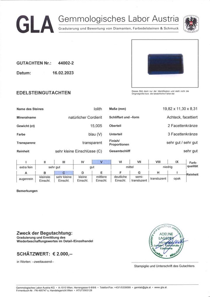 Gutachten zu Iolith Rechteck 15,00 ct