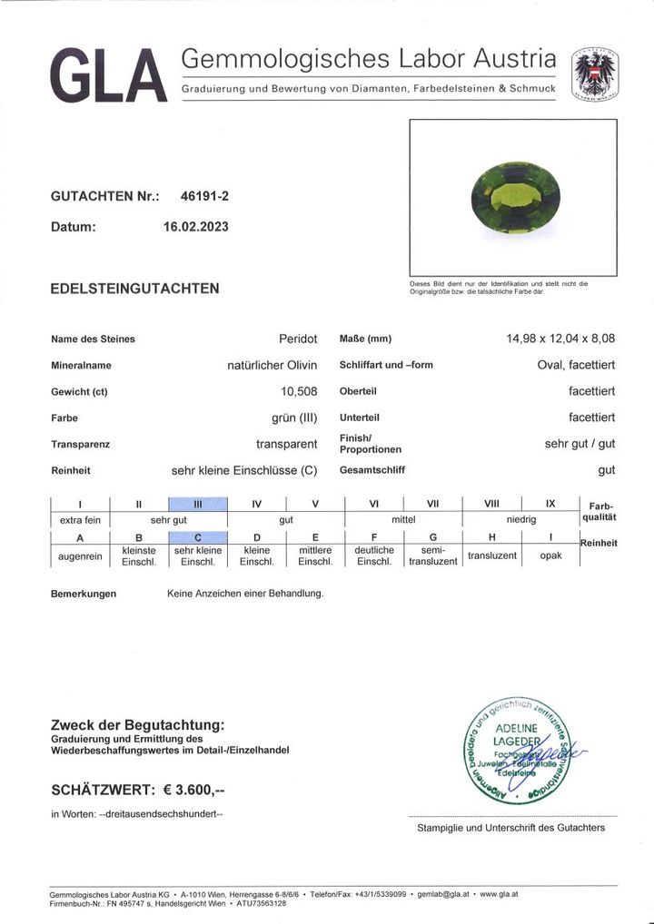 Gutachten zu Peridot oval green 10.50 ct