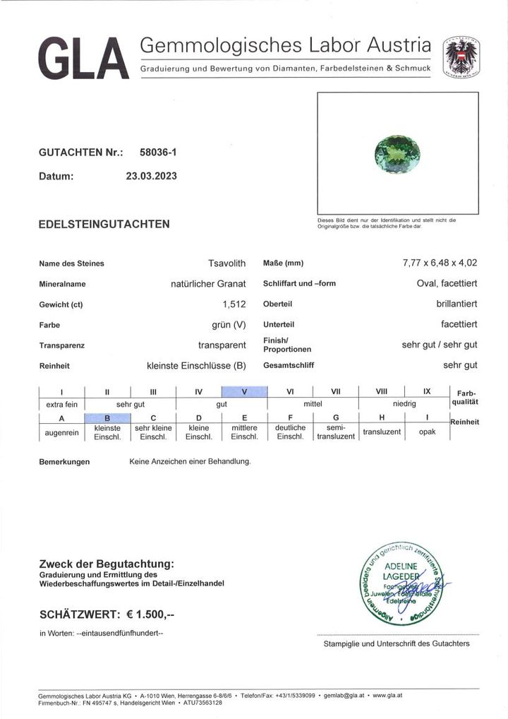 Gutachten zu Tsavorit Granat oval grün 1,51 ct
