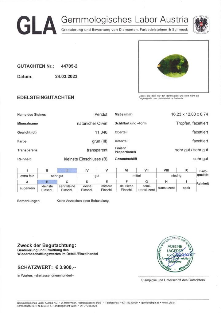 Gutachten zu Peridot Tropfen 11,04 ct