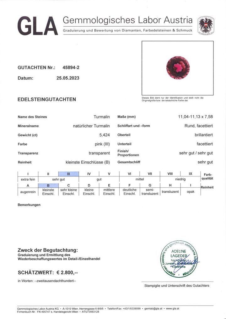 Gutachten zu Tourmaline round vivid pink 5.42 ct