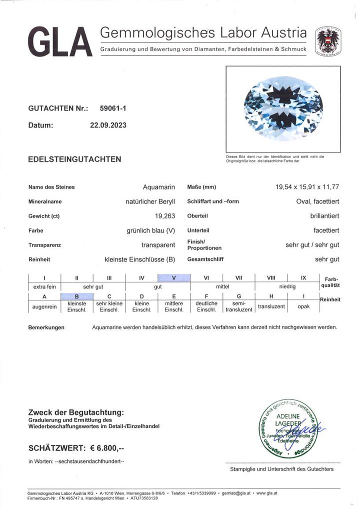Gutachten zu Aquamarin oval hellblau 19,26 ct
