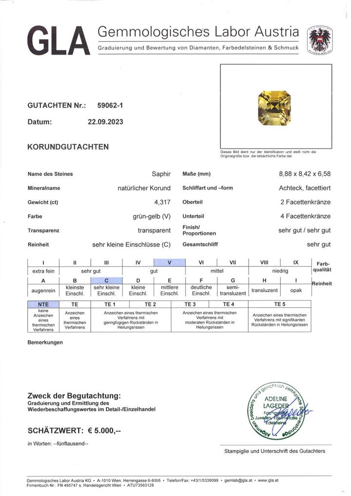 Gutachten zu Saphir octagon gelbgrün ungebrannt 4,31 ct