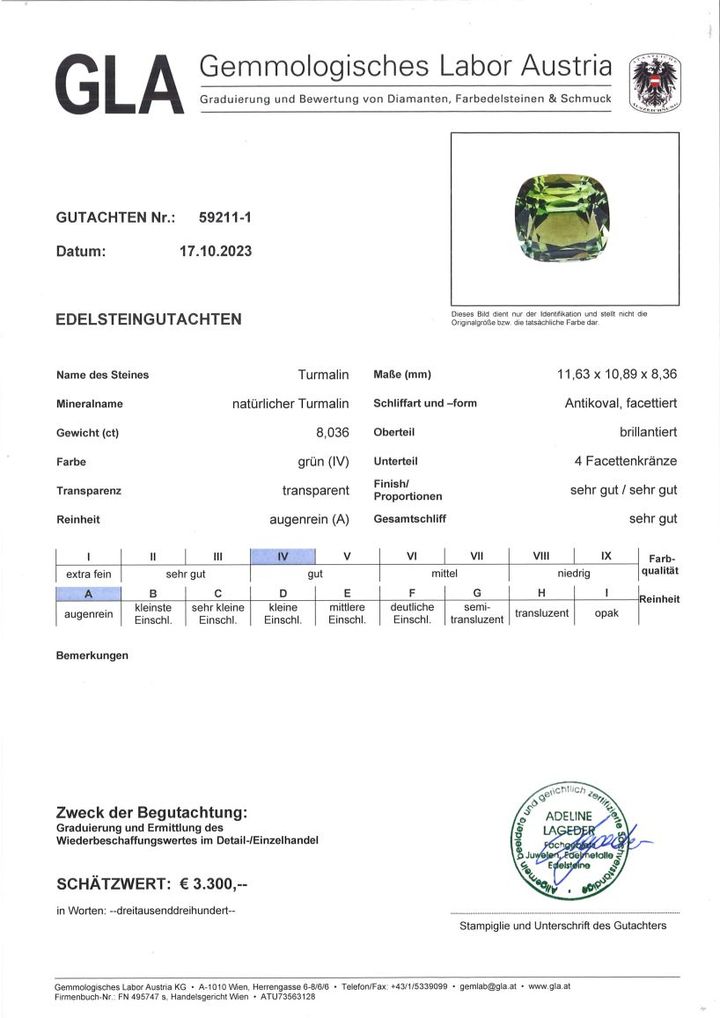 Gutachten zu Verdelith Turmalin antik grün 8,03 ct