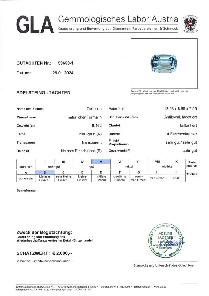Gutachten zu Tourmaline cushion light blue green 6.46 ct.