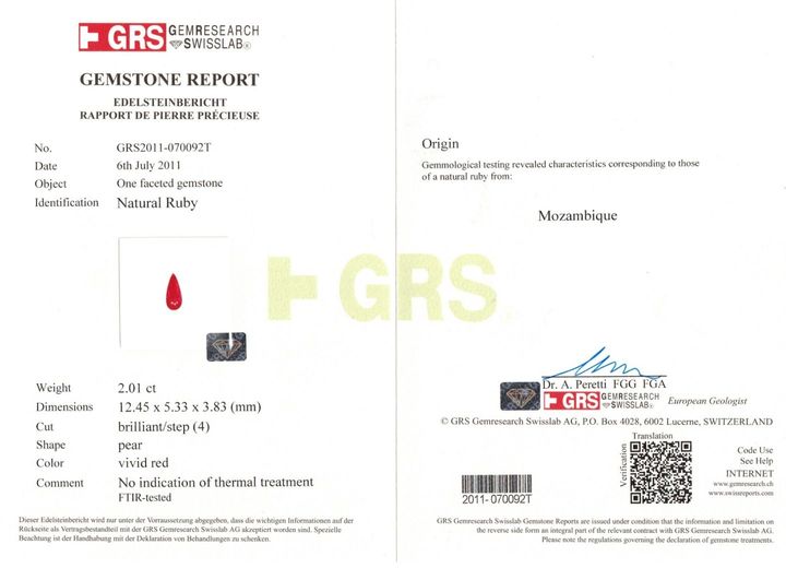 Gutachten zu Rubin Tropfen purpurrot ungebrannt 2,01 ct