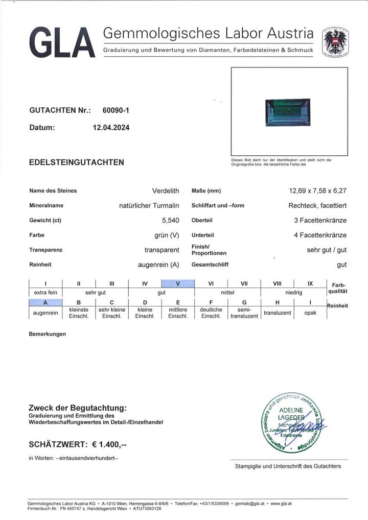 Gutachten zu Verdelith Turmalin Rechteck grün 5,54 ct