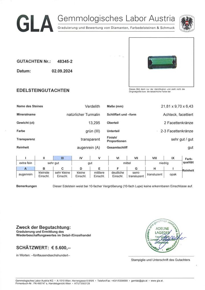 Gutachten zu Verdelith Turmalin octagon grün 13,29 ct