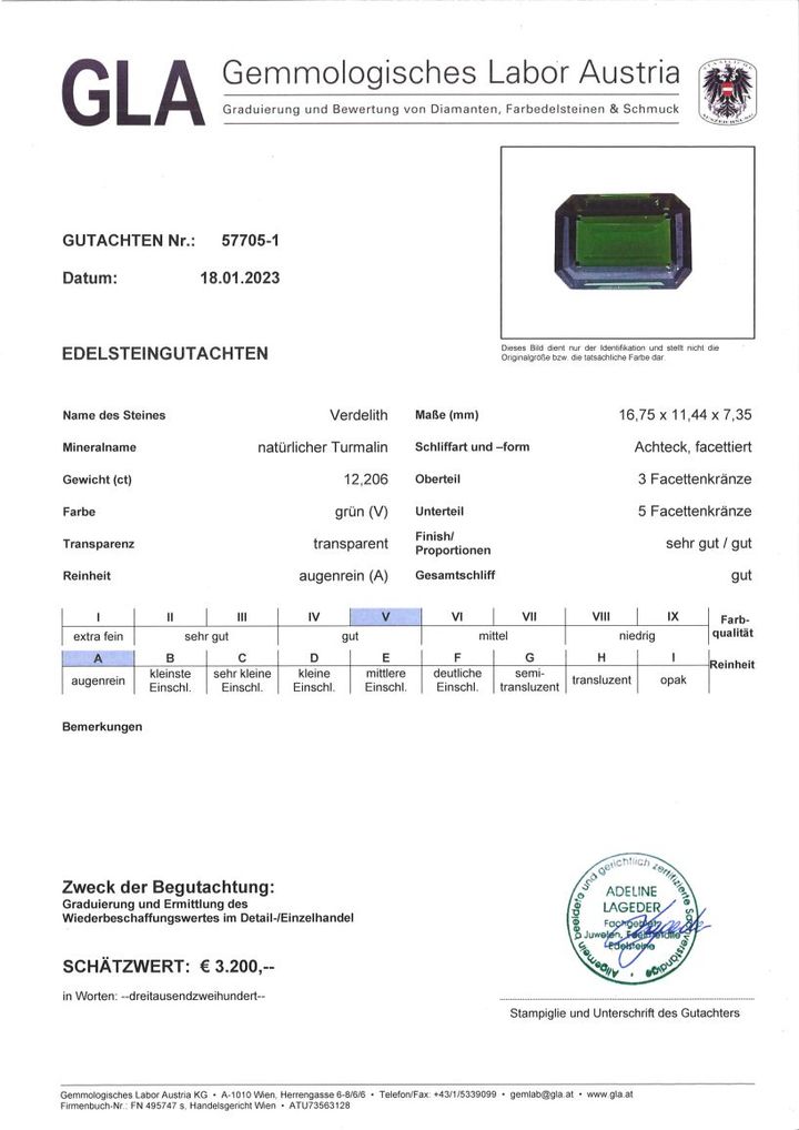 Gutachten zu Verdelith Turmalin octagon grün 12,20 ct.