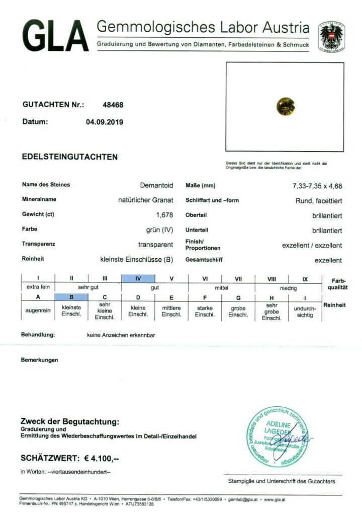 Gutachten zu Demantoid Granat rund-brillantiert grün 1,67 ct