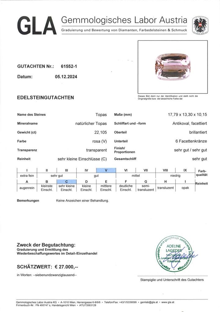 Gutachten zu Topaz cushion pink untreated 22.10 ct.