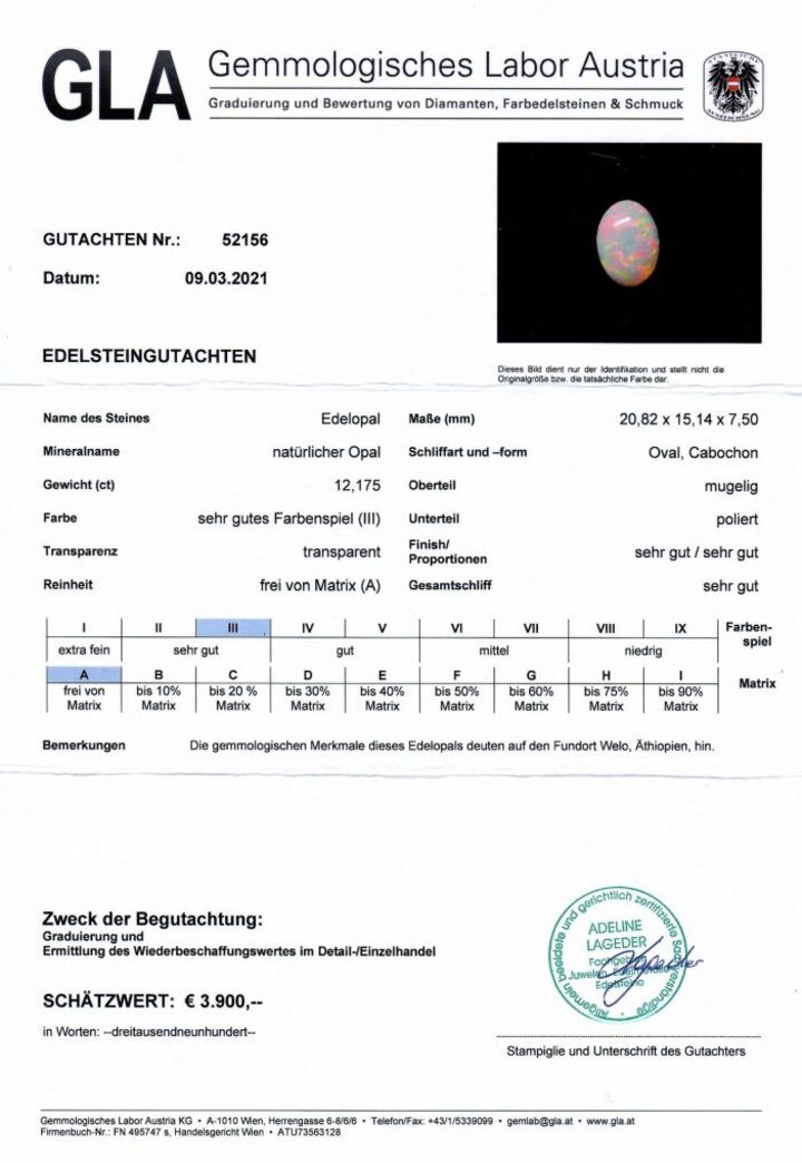 Gutachten zu Edelopal Cabochon oval 12,17 ct.
