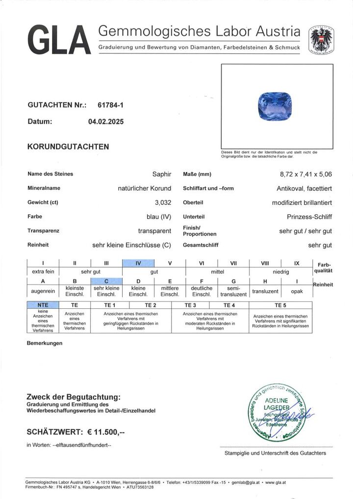 Gutachten zu Saphir antik-princess blau ungebrannt 3,03 ct.