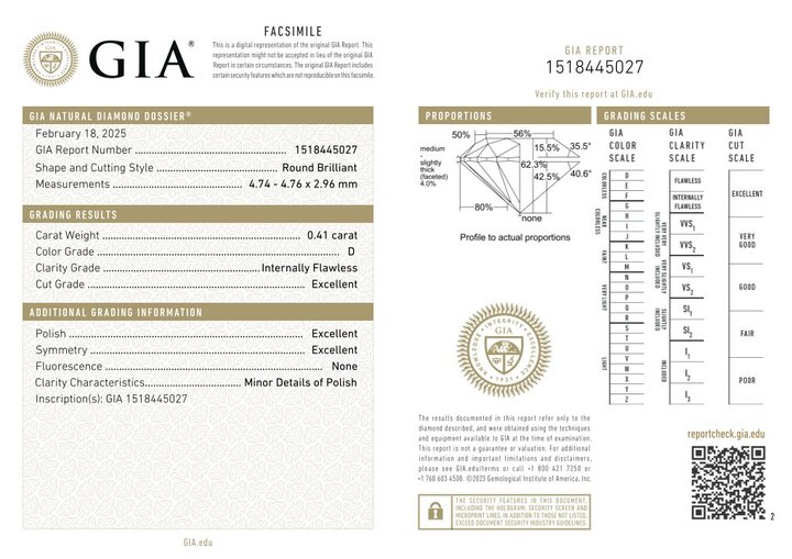 Gutachten zu Diamant Brillant hochfeines Weiss D-EX lupenrein 0,41 ct