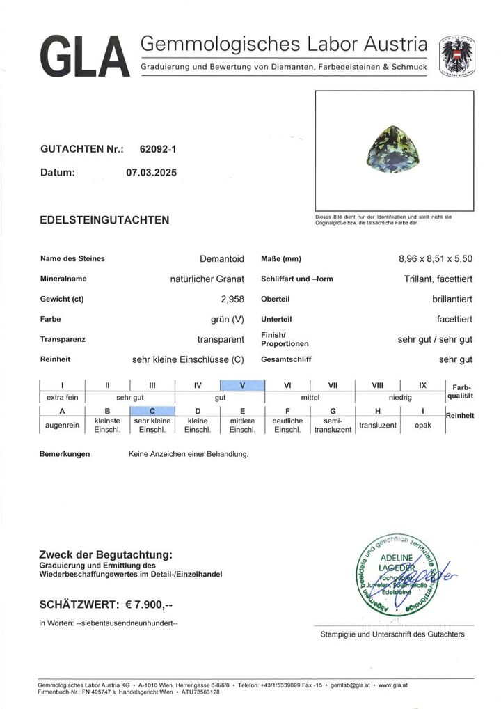 Gutachten zu Demantoid Granat Trillion grün 2,95 ct.