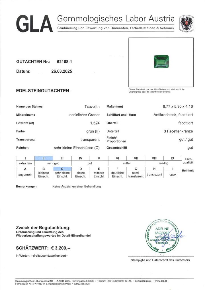 Gutachten zu Tsavorit Granat antik intensives Grün 1,52 ct