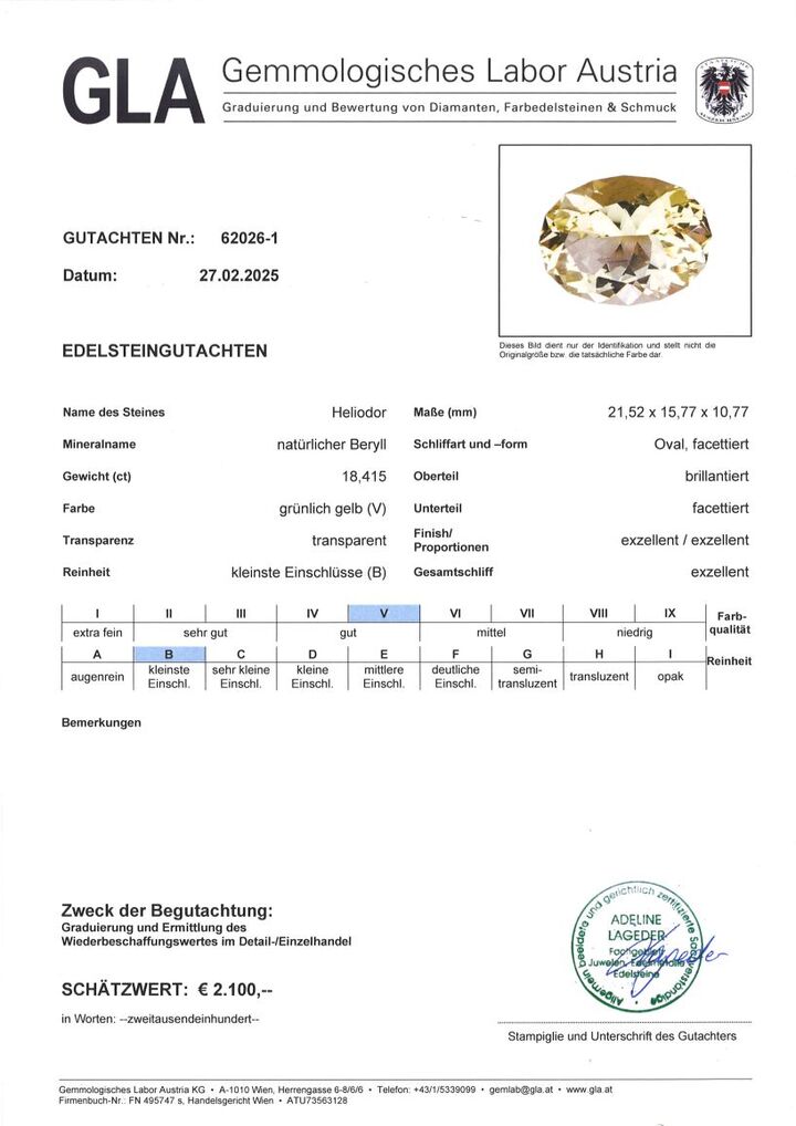 Gutachten zu Heliodor Beryll oval grünlich gelb 18,41 ct.
