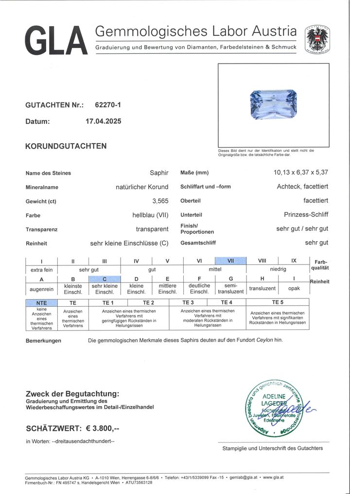 Gutachten zu Saphir octagon-princess intensives Hellblau 3,56 ct.