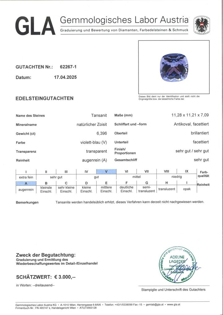 Gutachten zu Tansanit antik blau 6,39 ct.