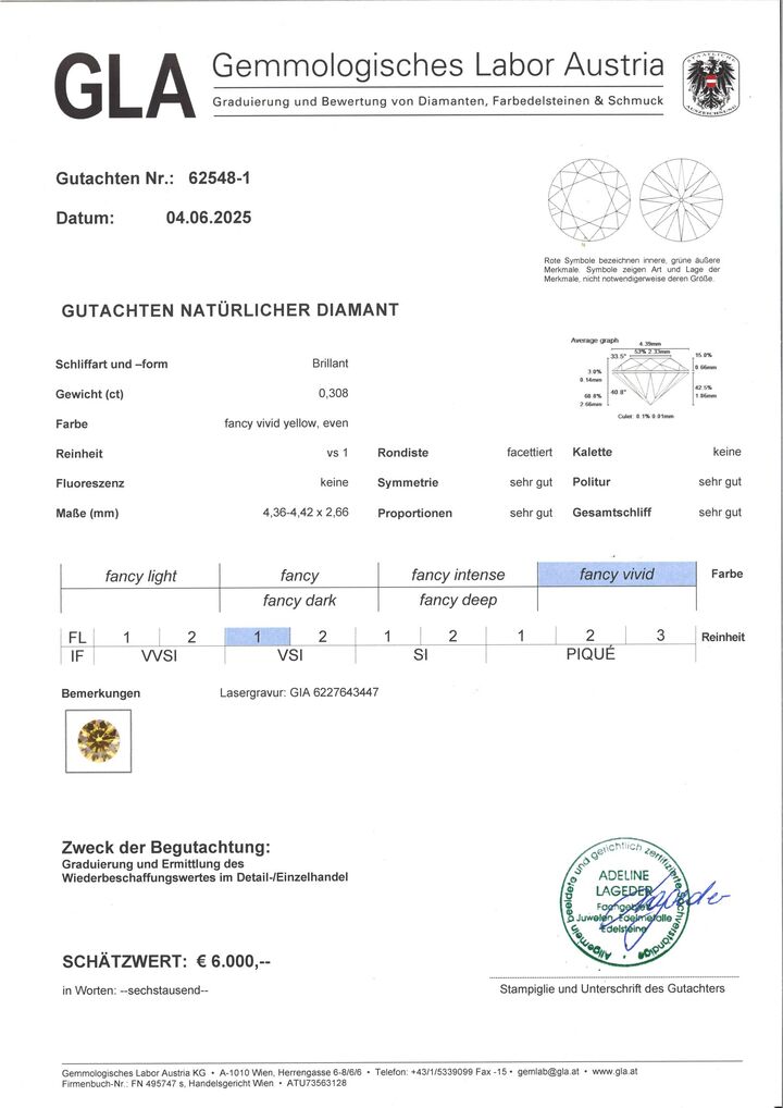 Gutachten zu Farbdiamant Brillant sehr intensives Gelb vs1 0,30 ct.