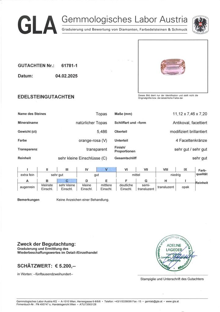 Gutachten zu Topas antik orange-rosa unbehandelt 5,48 ct.