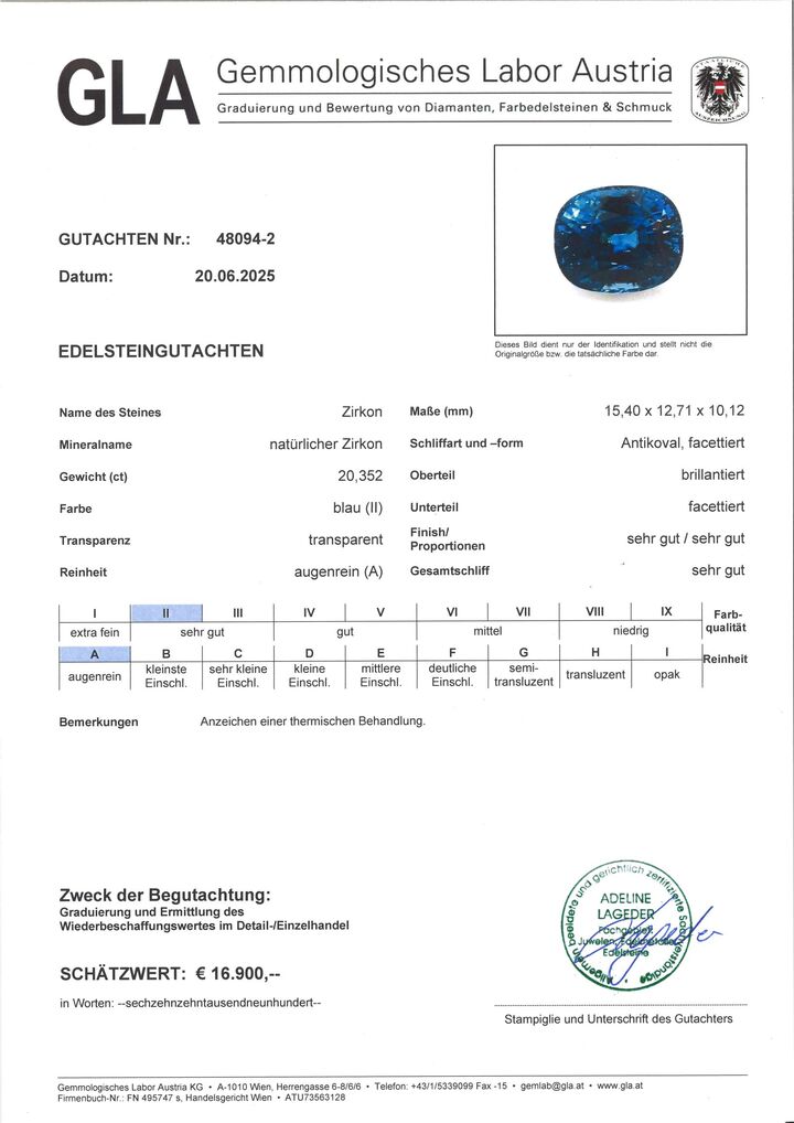 Gutachten zu Zircon cushion intense blue 20.35 ct.
