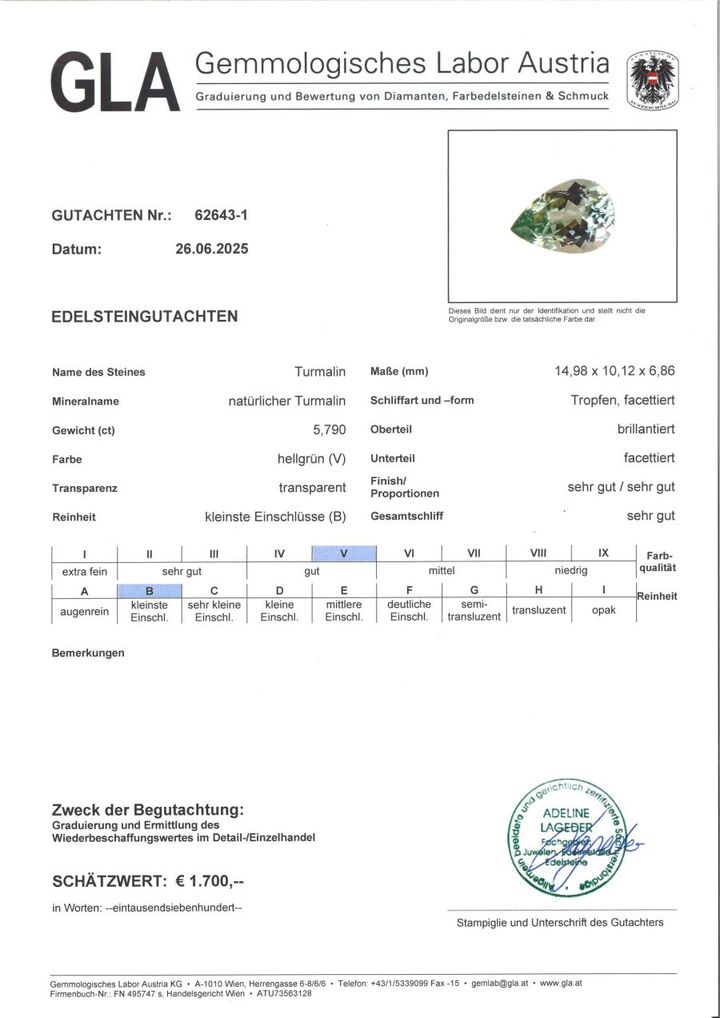 Gutachten zu Turmalin Tropfen hellgrün 5,79 ct