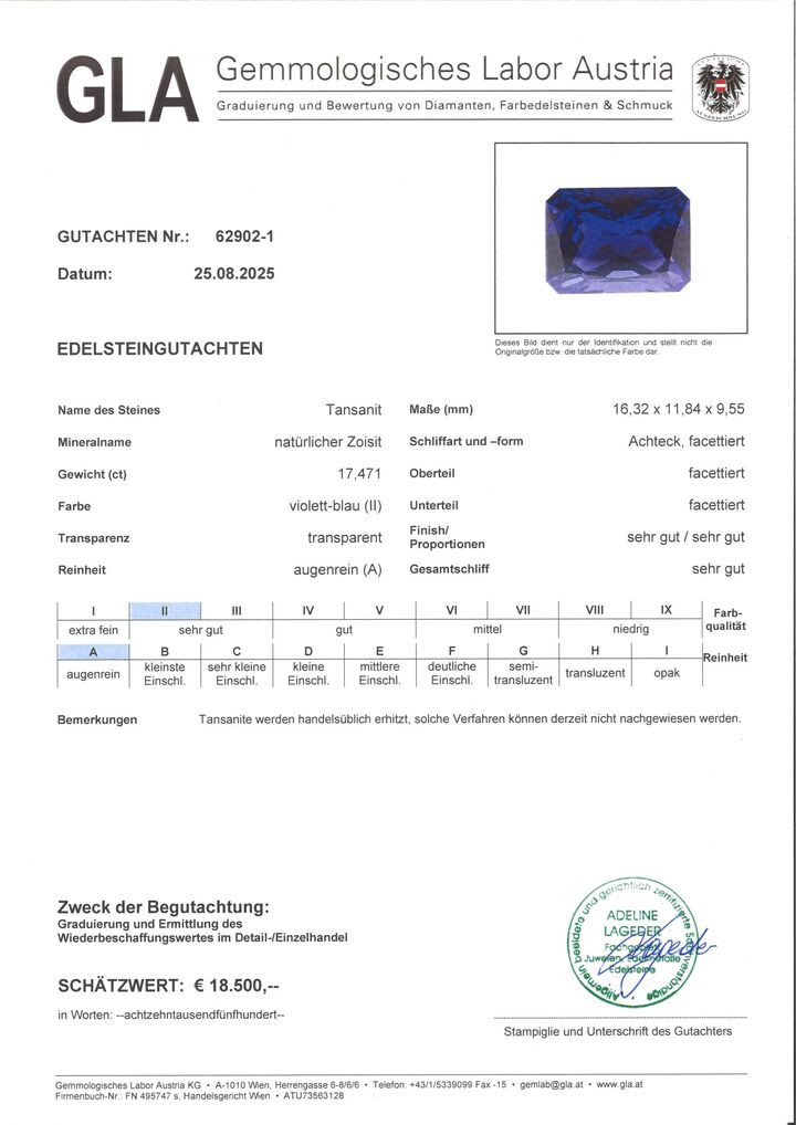 Gutachten zu Tansanit octagon violettblau 17,47 ct.