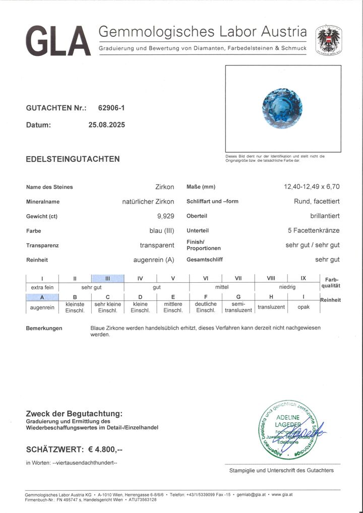 Gutachten zu Zircon round blue 9.92 ct.